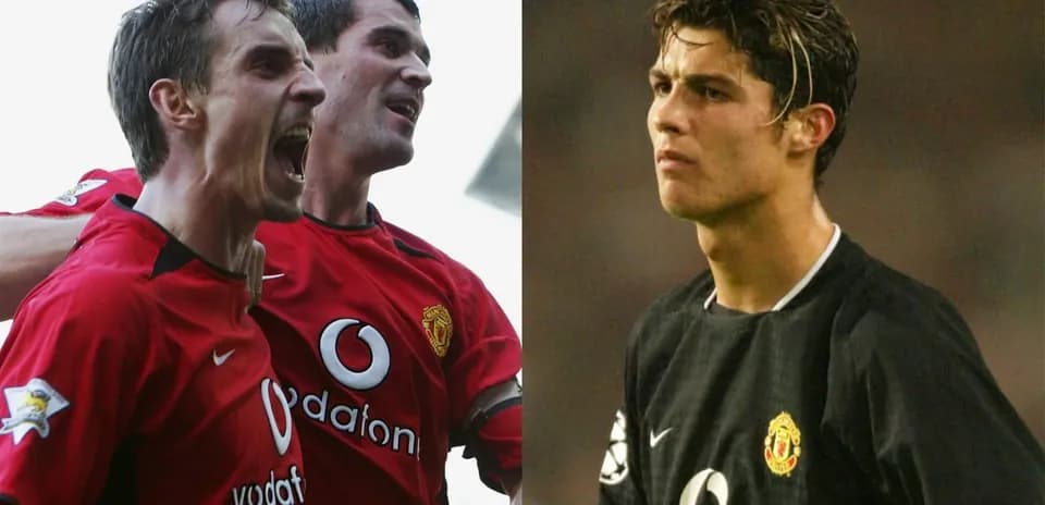 Two Manchester United players celebrating and Cristiano Ronaldo