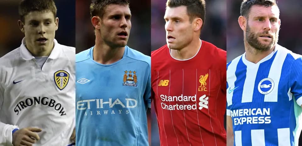 Four football players in team kits over the years