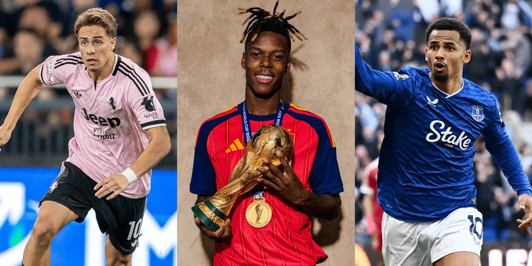 Three football players in action and posing