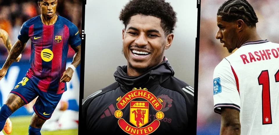 Marcus Rashford smiling with Manchester United logo