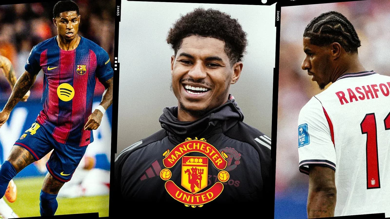 Marcus Rashford smiling with Manchester United logo