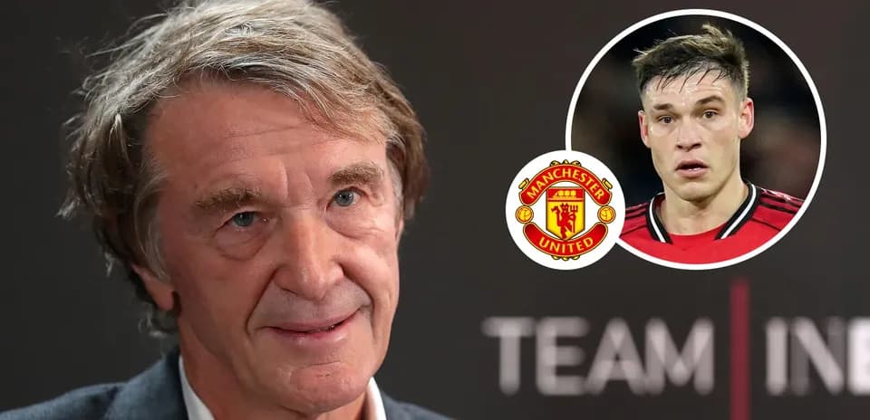 Man speaking with Manchester United logo and player image
