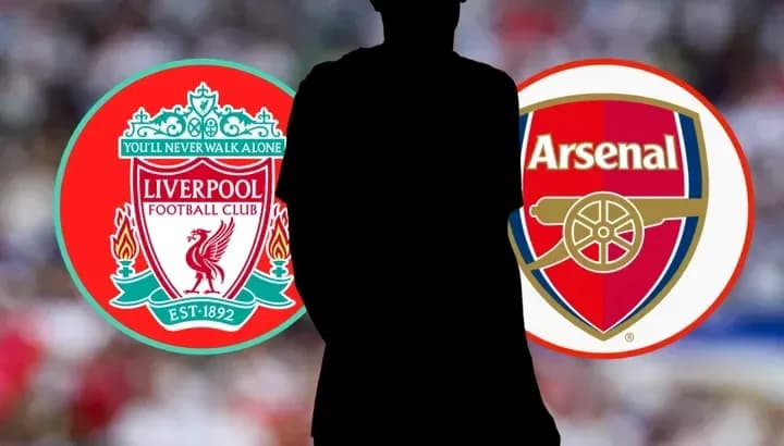 Liverpool and Arsenal club logos with a silhouette
