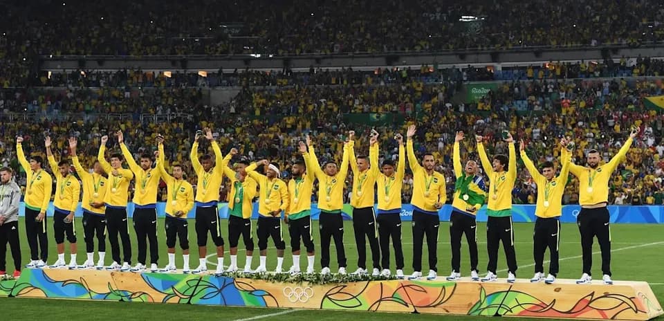Brazilian football team celebrating Olympic gold medal victory