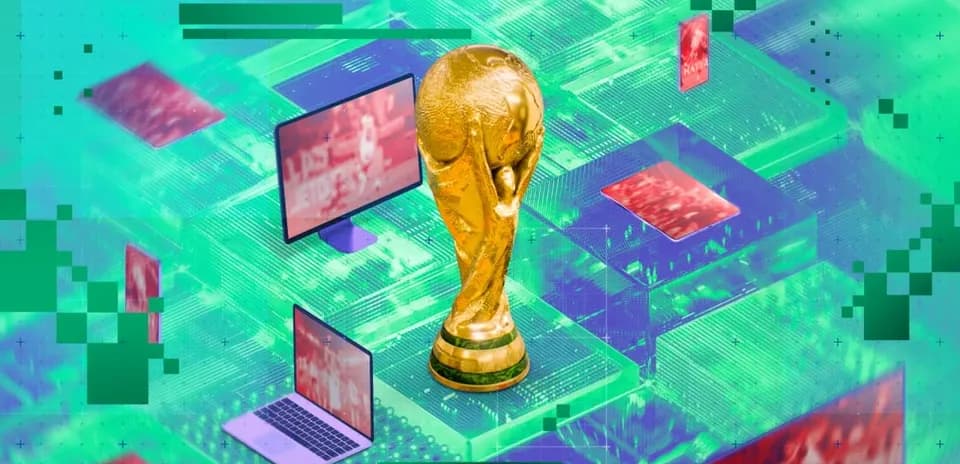 FIFA World Cup trophy surrounded by digital screens