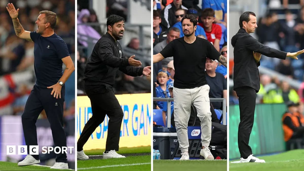 Four football managers directing their teams during matches