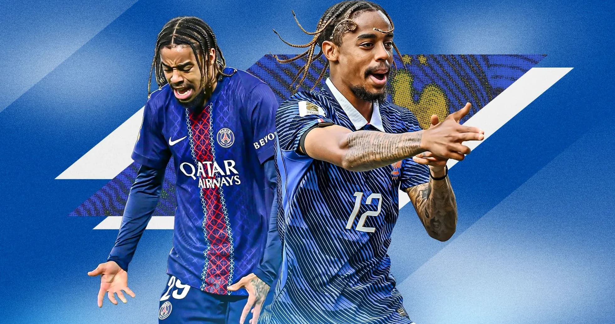 Two players in football kits on colorful background