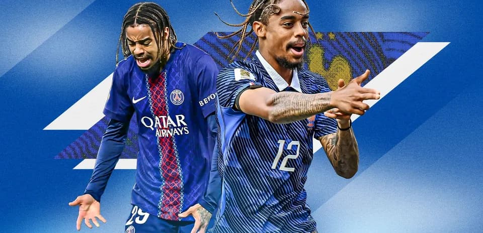 Two players in football kits on colorful background
