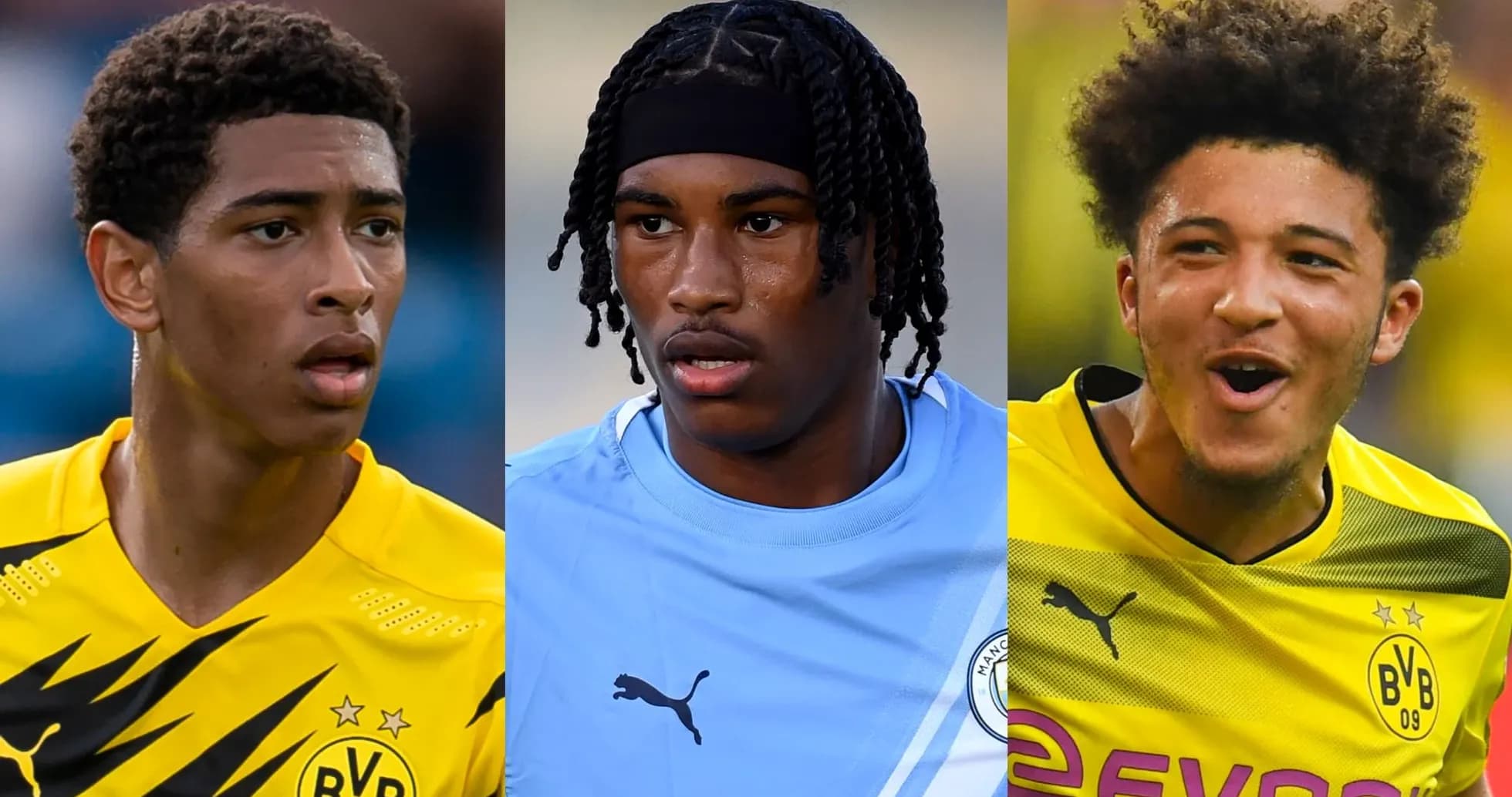 Three football players in team jerseys