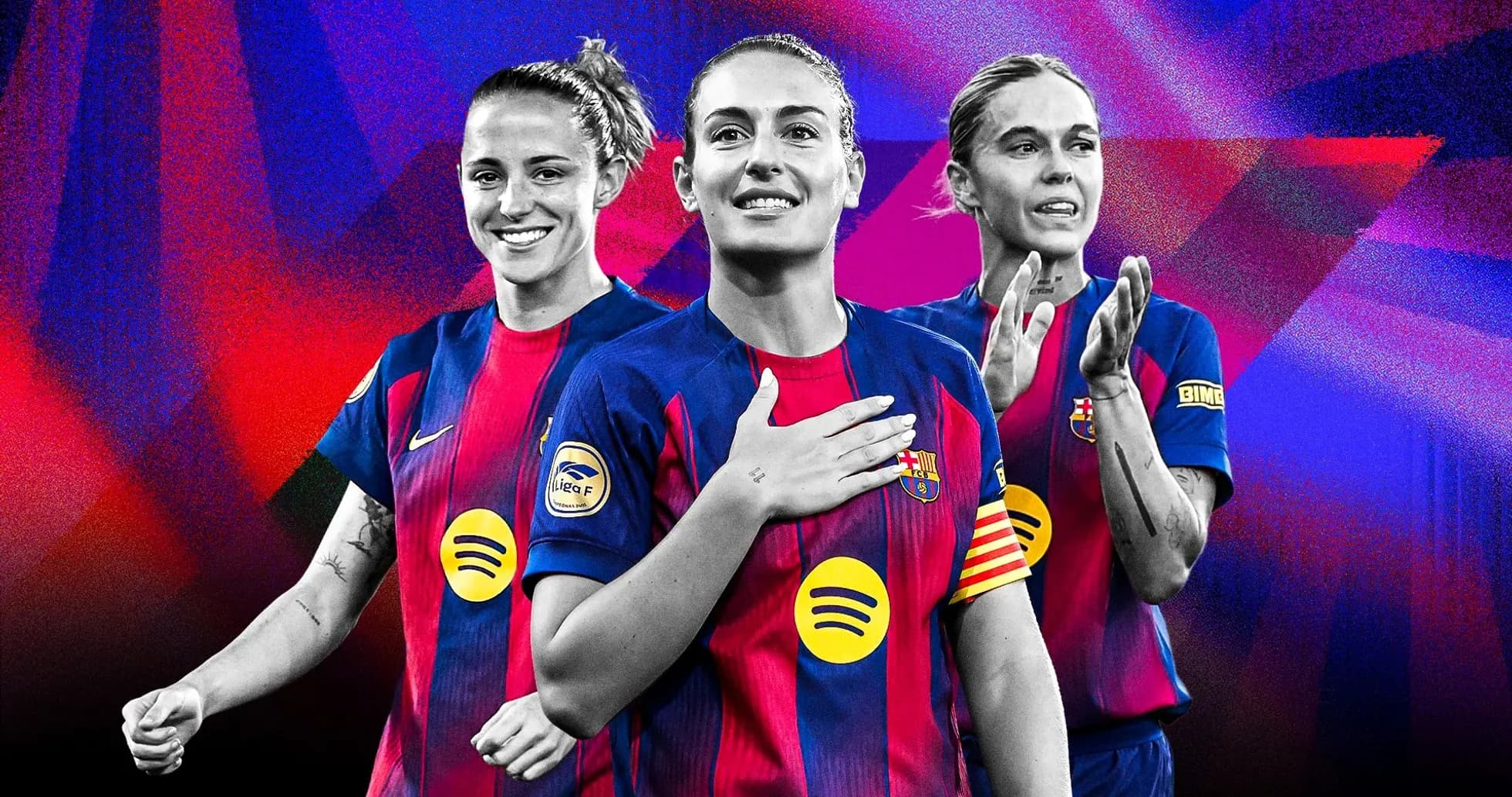 Three FC Barcelona female players posing together