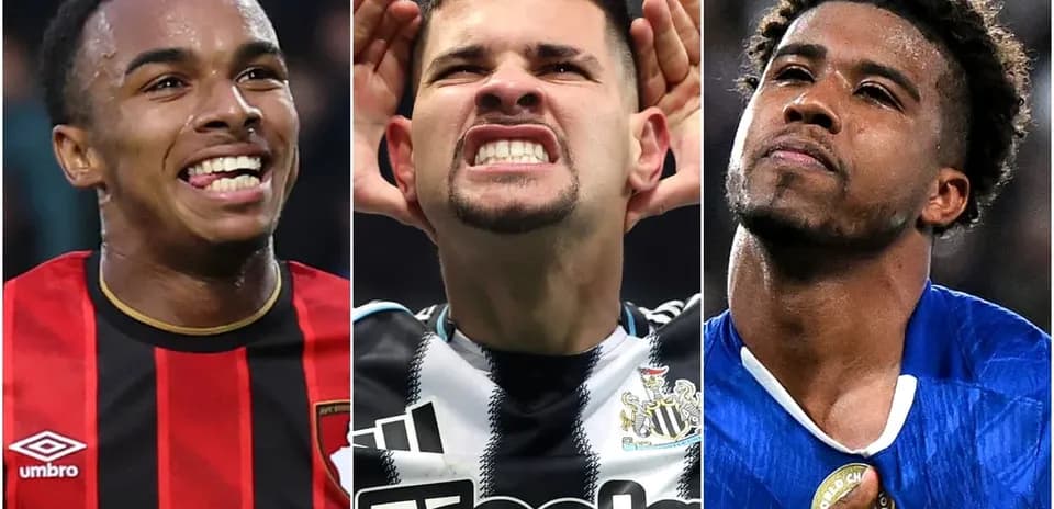 Three football players celebrating in different poses
