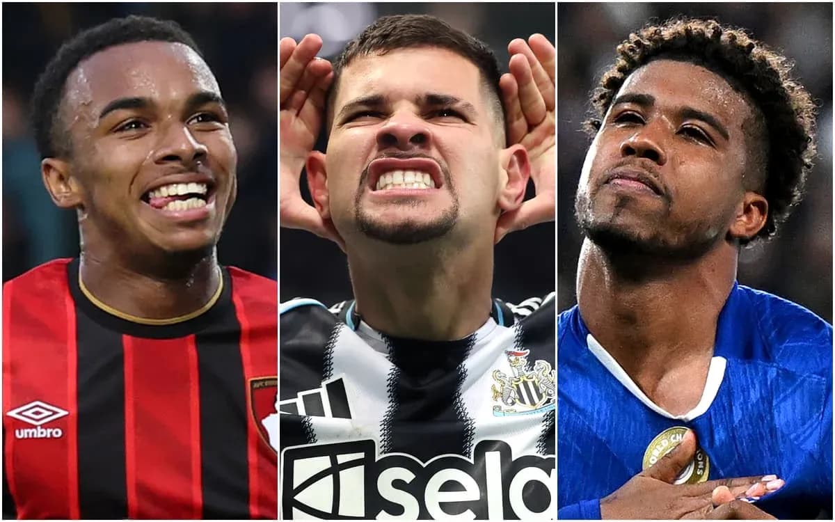 Three football players celebrating in different poses