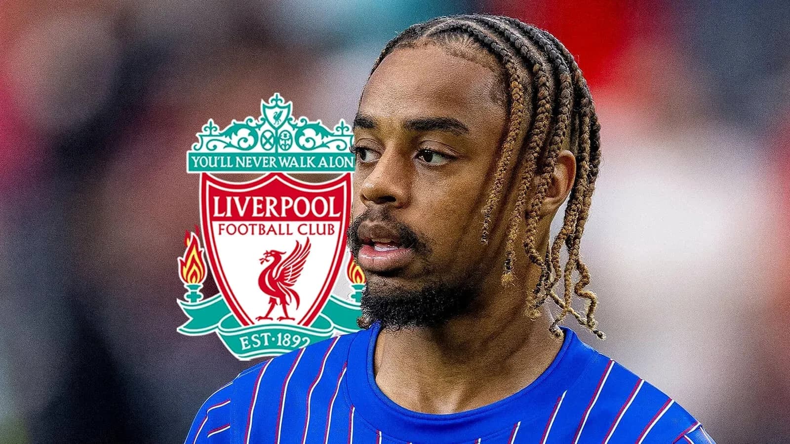 Player in Liverpool kit with club logo background