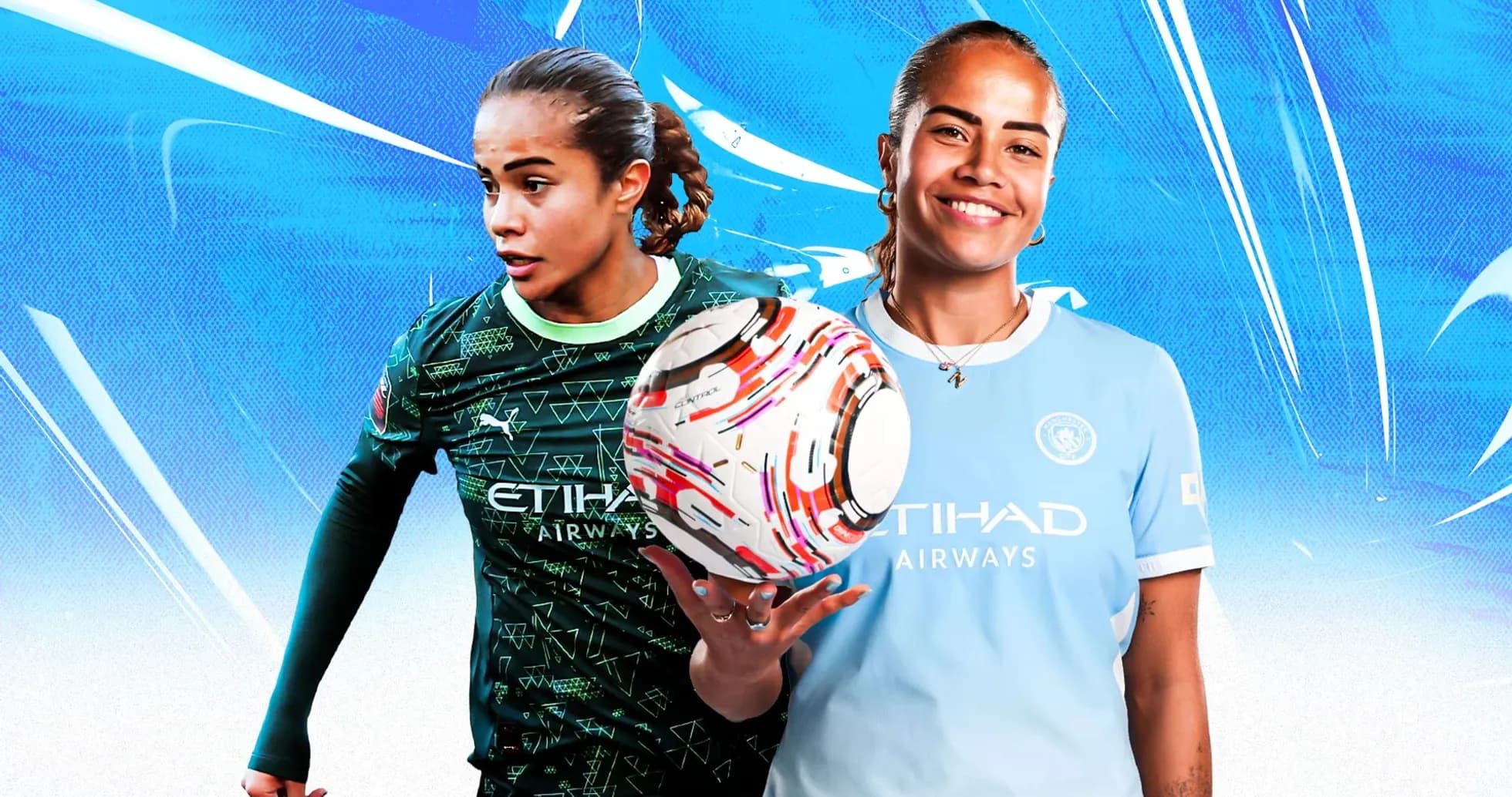 Two soccer players in Manchester City kits holding a ball