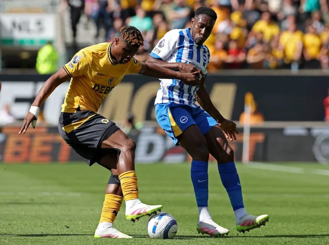 Brighton and Wolves players competing for the ball