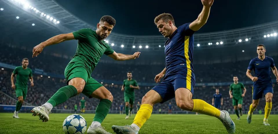 Players contesting the ball during UEFA match