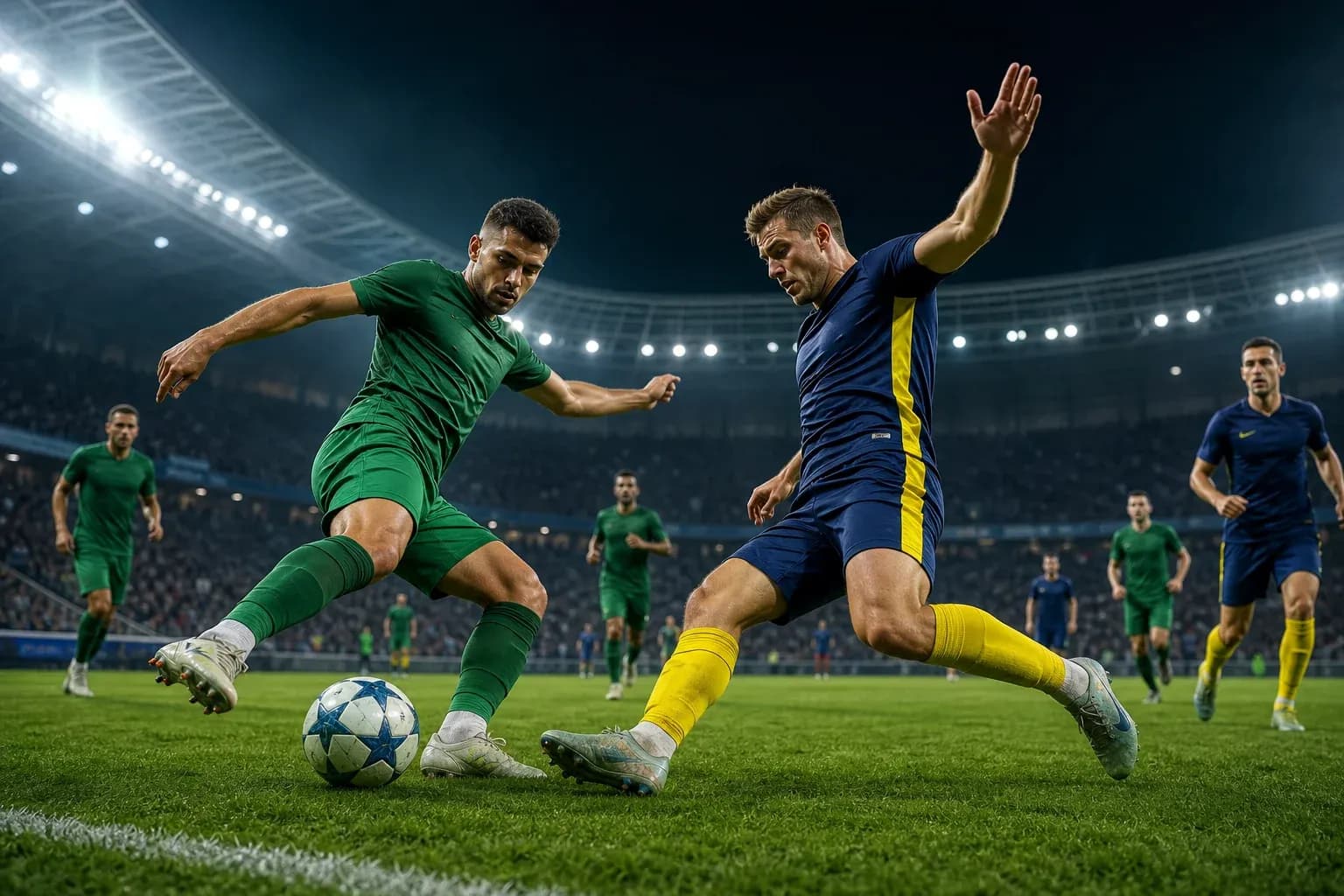 Players contesting the ball during UEFA match
