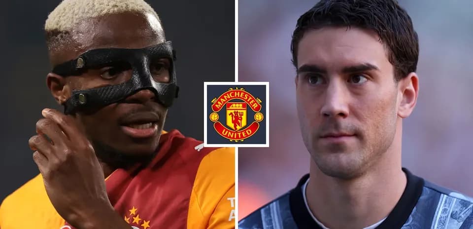 Two football players with Manchester United logo in center