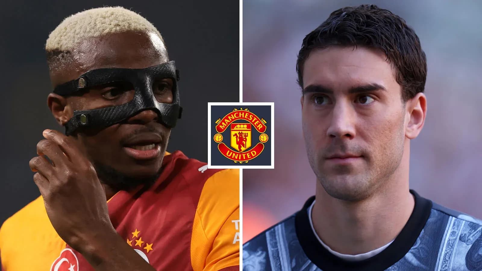 Two football players with Manchester United logo in center