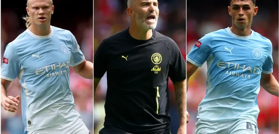 Three Manchester City players in training attire