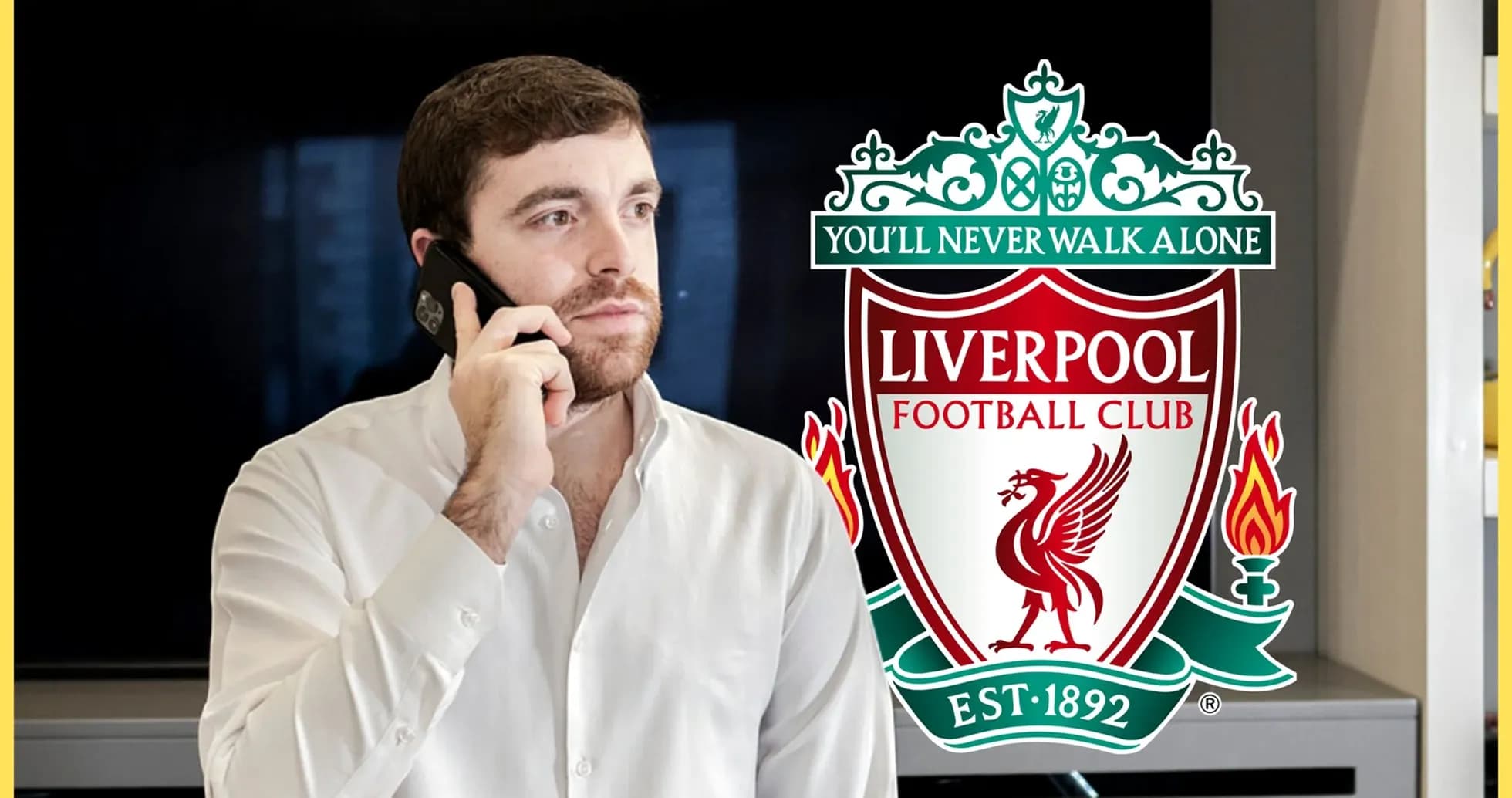 Person on phone with Liverpool FC logo in background