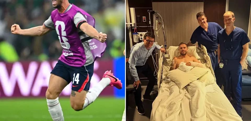Player celebrating on field and recovering in hospital
