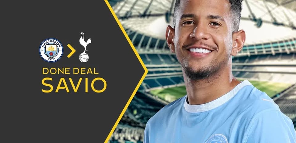 Player Savio in Manchester City kit announcing transfer