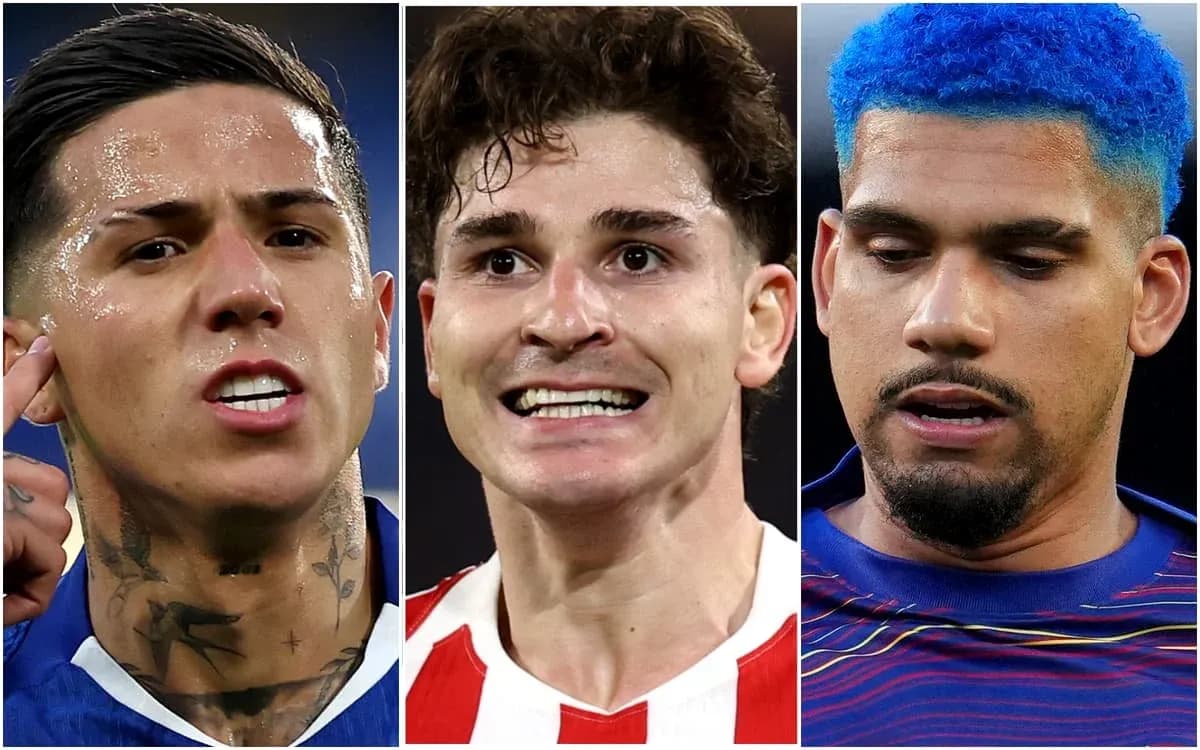 Three football players with varying expressions and hairstyles
