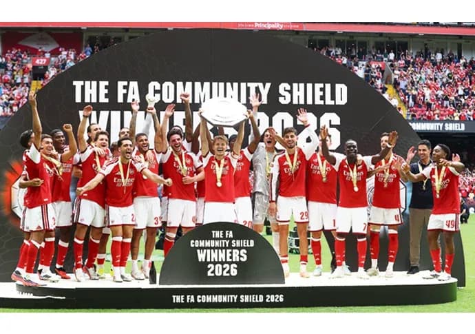 Arsenal team celebrating FA Community Shield victory 2026
