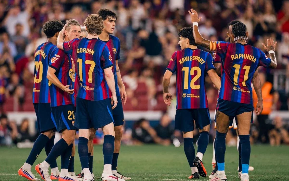 Barcelona players celebrating during La Liga match