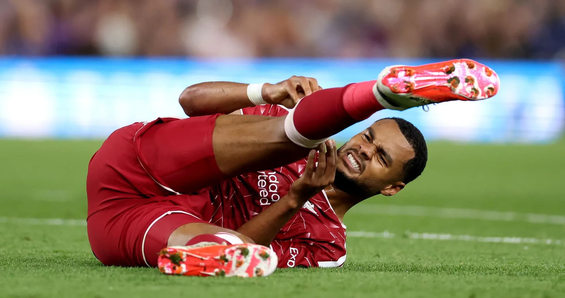 Player in red jersey on ground holding leg