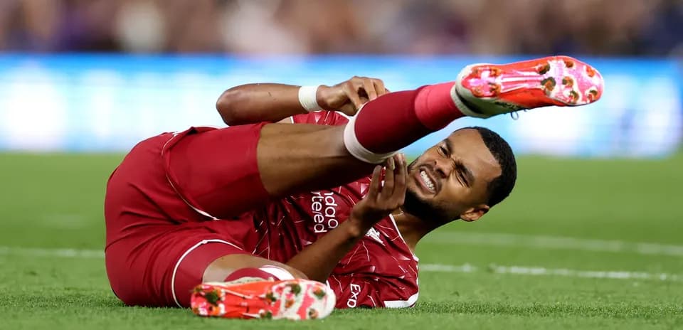 Player in red jersey on ground holding leg
