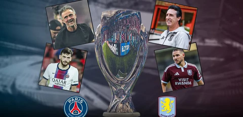Coaches and players with Super Cup trophy background