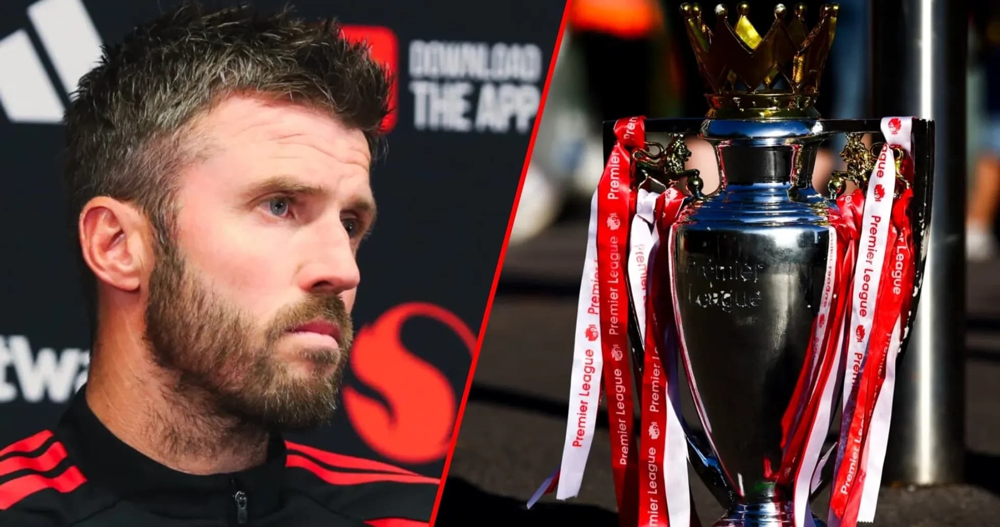 Man in sports attire beside Premier League trophy