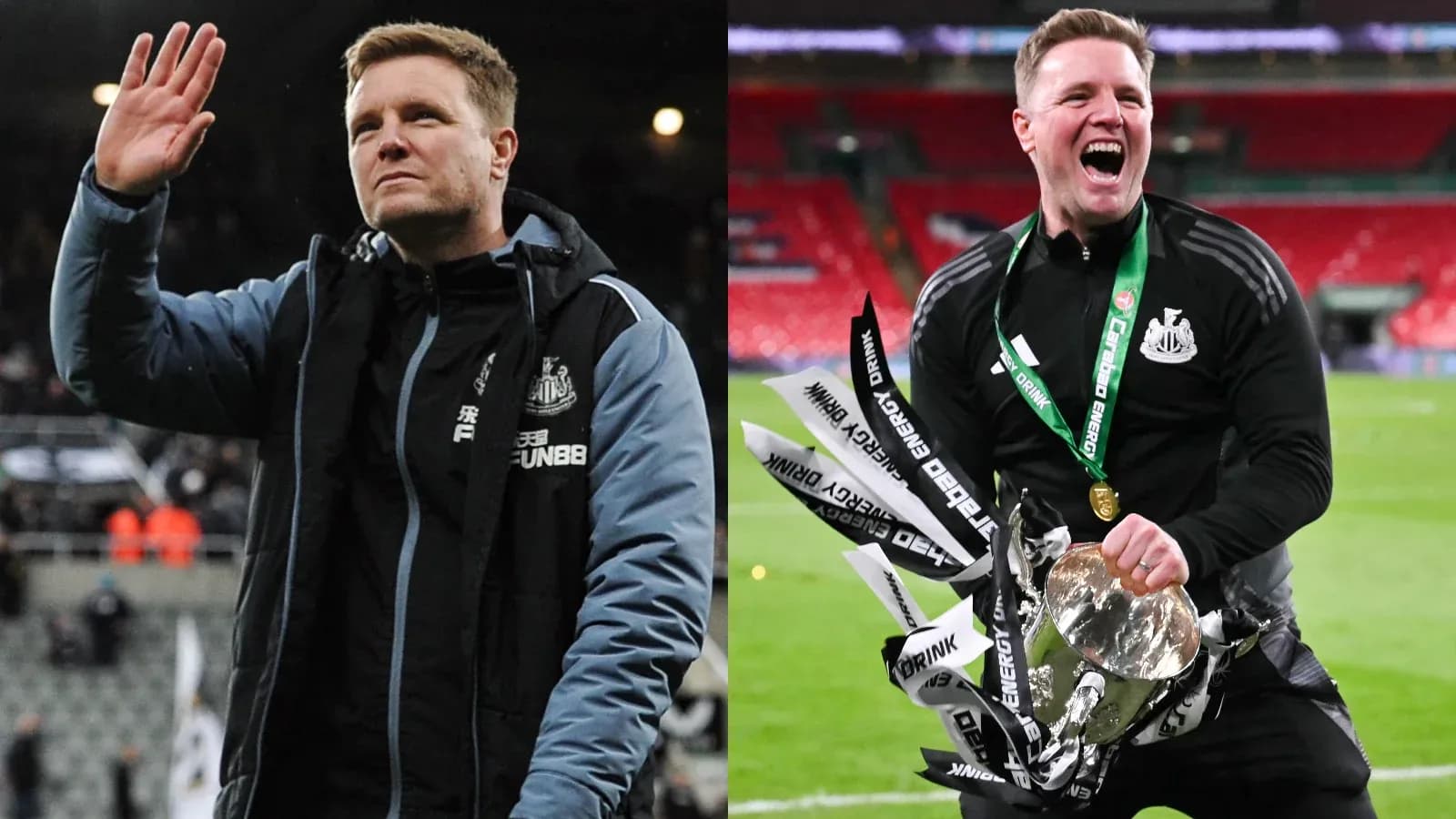 Newcastle manager celebrating after cup victory