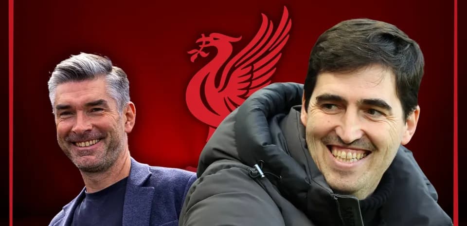 Two football managers smiling against Liverpool backdrop