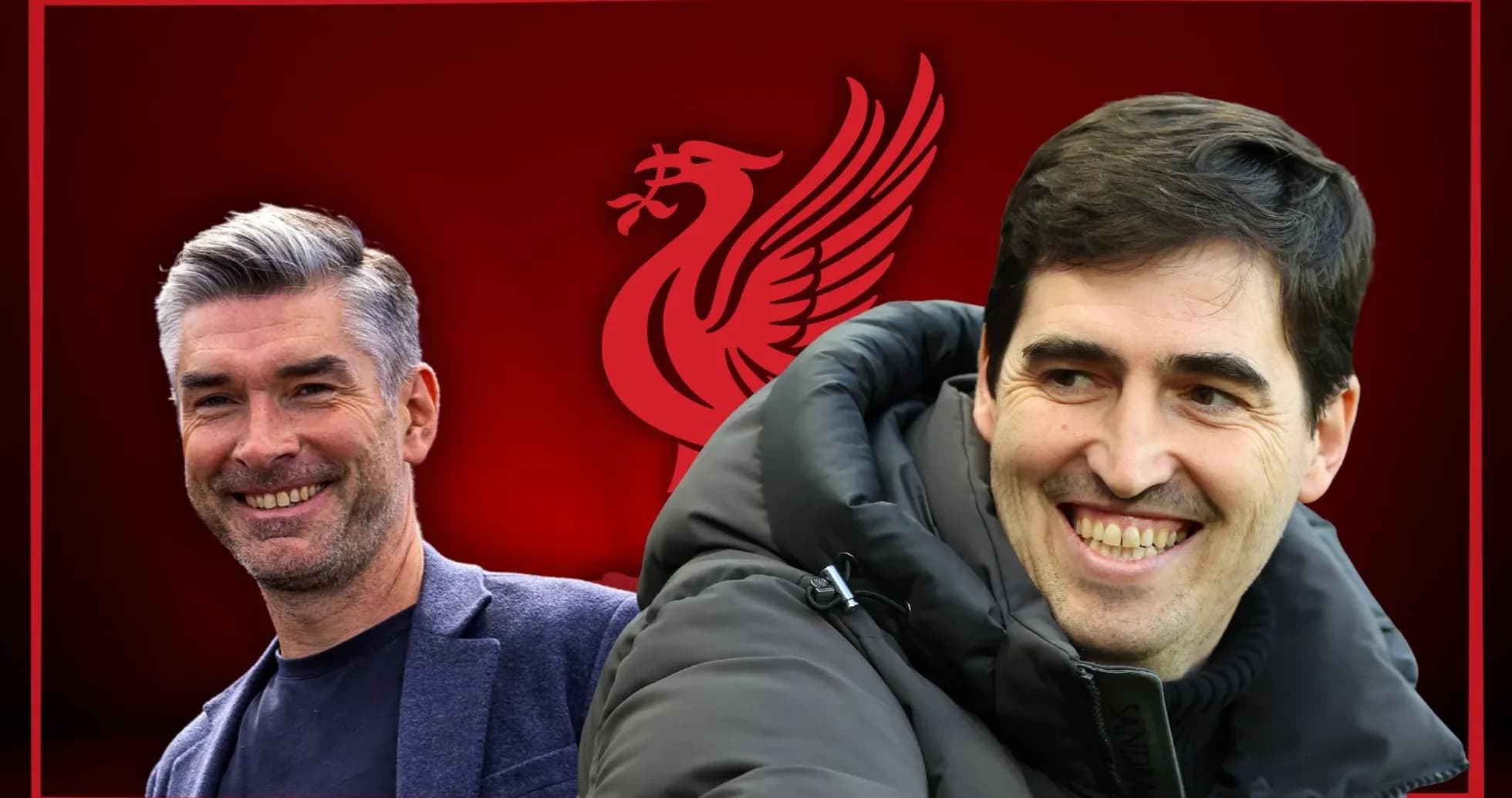 Two football coaches smiling with Liverpool logo background