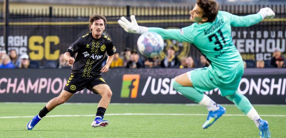 Pittsburgh Riverhounds player attempts to score