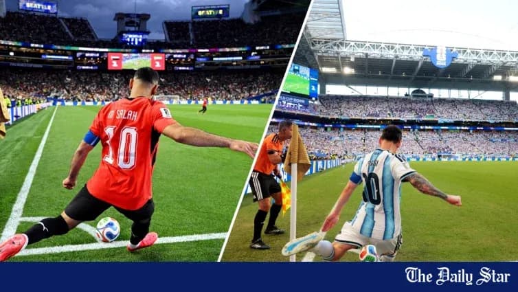 Salah and Messi taking corner kicks in matches