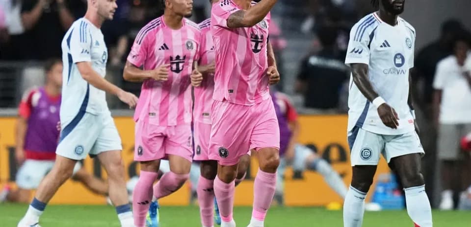 Players celebrating during a soccer match in Miami