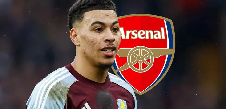 Player in Aston Villa kit with Arsenal logo background