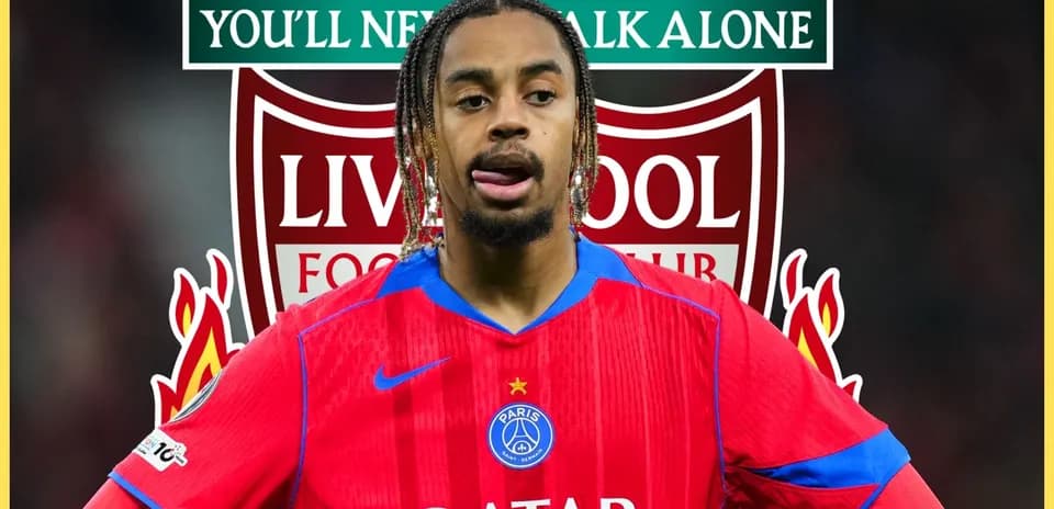 Player in PSG jersey with Liverpool logo background