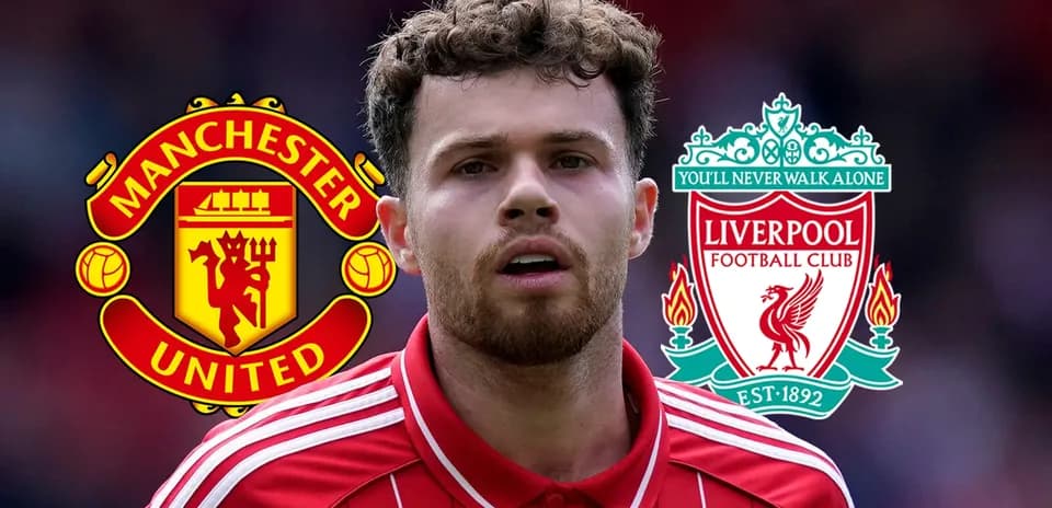 Player with Manchester United and Liverpool logos behind