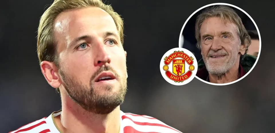 Harry Kane looking serious with Manchester United logo