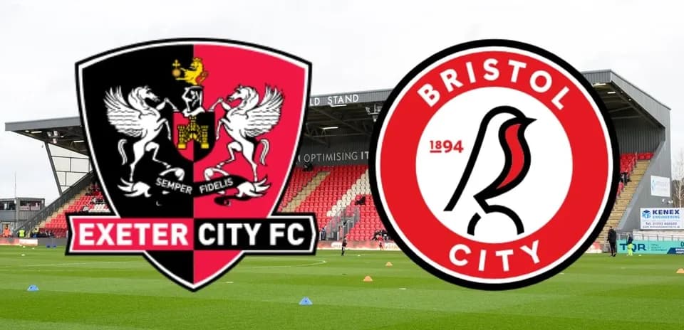 Exeter City and Bristol City logos on stadium background