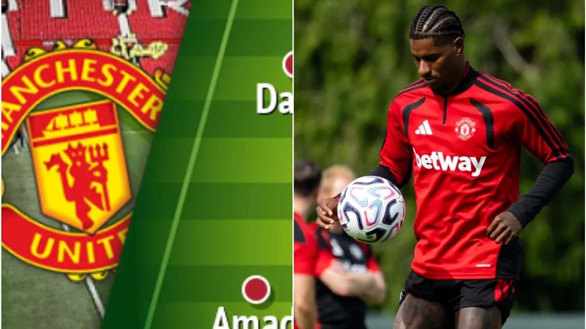 Manchester United logo and player training with ball