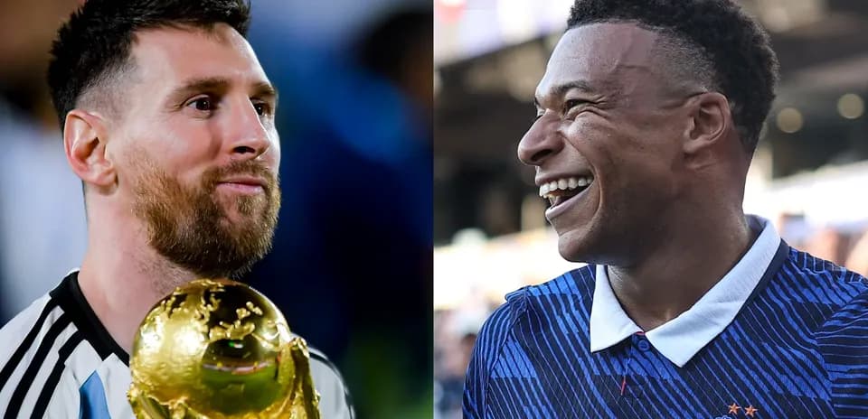 Lionel Messi holding the World Cup trophy, Kylian Mbappé smiling