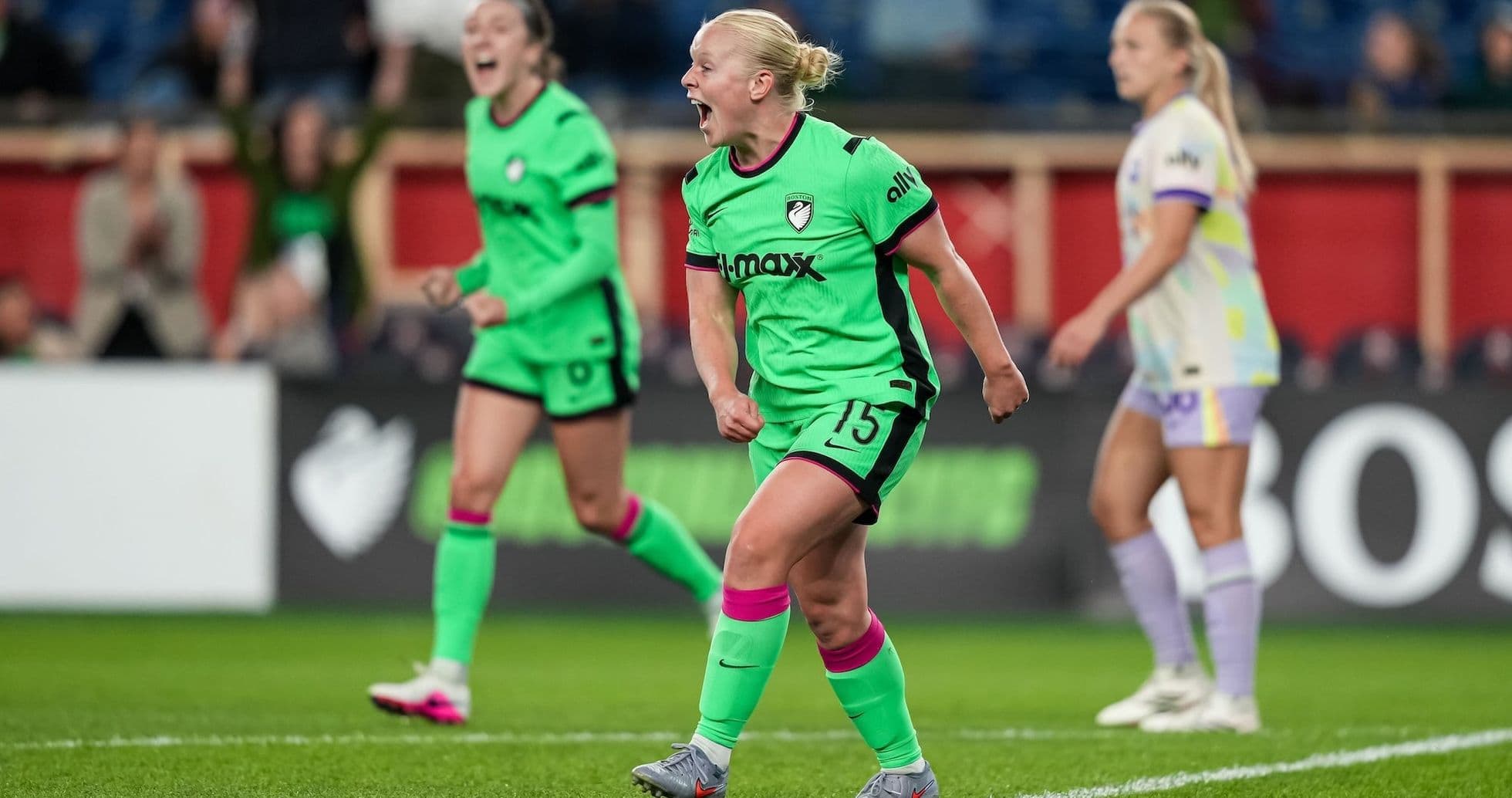 Player celebrating during Boston Legacy vs Orlando Pride match