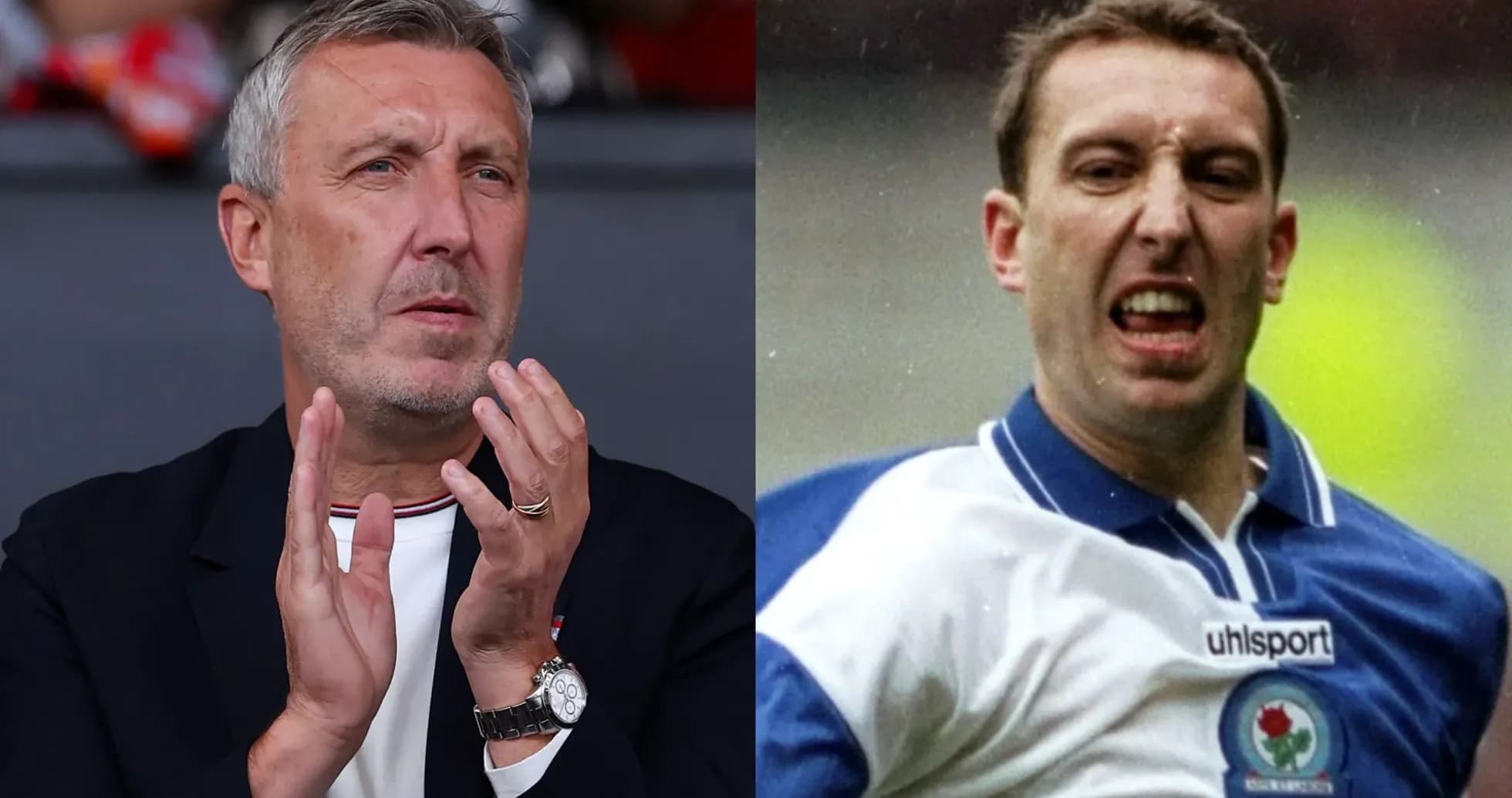 Split image of a coach applauding and a player celebrating