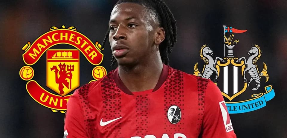 Player in red jersey with Manchester and Newcastle logos